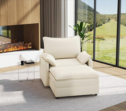 Vesgantti 40" Single Seat Sofa with Ottoman, Comfy Cloud Couch Deep Seat Upholstered Couch Chenille Modern Sofa, Easy Assembly for Living Room, Bedroom and Apartment, Beige