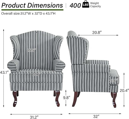 Accent Chair, High Back Upholstered Armchair with High Resilience Sponge & Wood Legs, Mid-Century Modern Comfy Single Sofa Reading Chairs for Living Room, Bedroom (Stripe Grey, Set of 1)