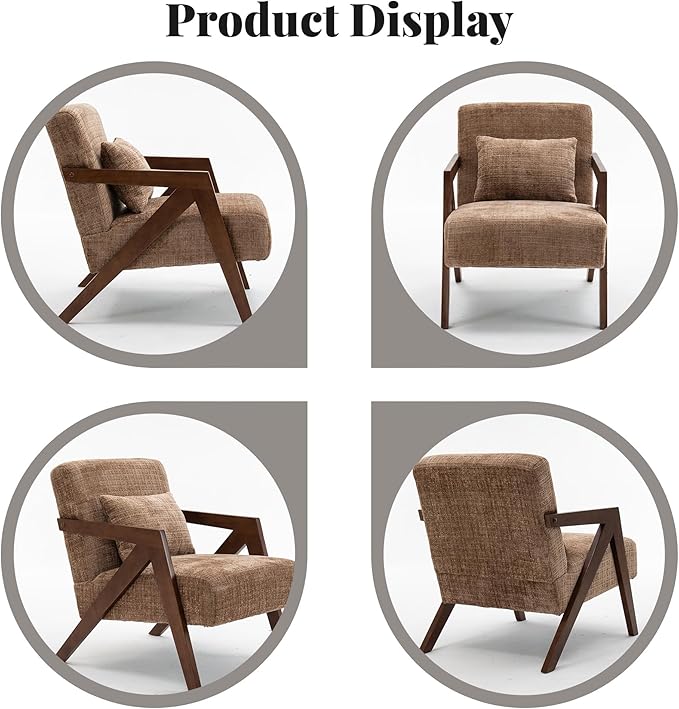 Mid-Century Modern Accent Chair with Solid Wood Frame，Upholstered Chenille Living Room Arm Chairs with Pillow for Bedroom, Living Room, Reading Room, Balcony, Brown