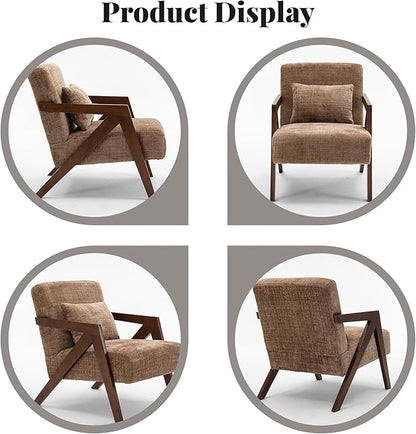 Mid-Century Modern Accent Chair Set of 2 with Solid Wood Frame，Upholstered Chenille Living Room Arm Chairs with Pillow for Bedroom, Living Room, Reading Room, Balcony, Brown