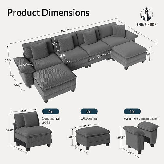 HERA'S HOUSE 158" Modular Sectional Sofa, Oversized U Shaped Couches for Living Room, Comfy Cloud Couch with Ottoman, 6-Seater Deep Seat Sofa with Throw Pillow, Corduroy Grey