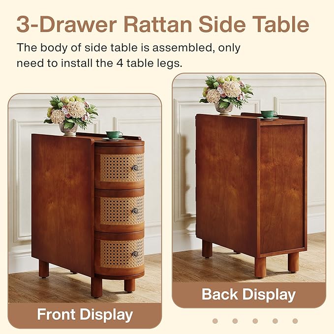 Tribesigns Solid Wood End Table Set of 2, 3-Drawer Rattan Side Table, Night Stand with 3 Rattan Drawers and Exquisite Embossed Handles for Living Room, No Assembly Required (Walnut & Oak)