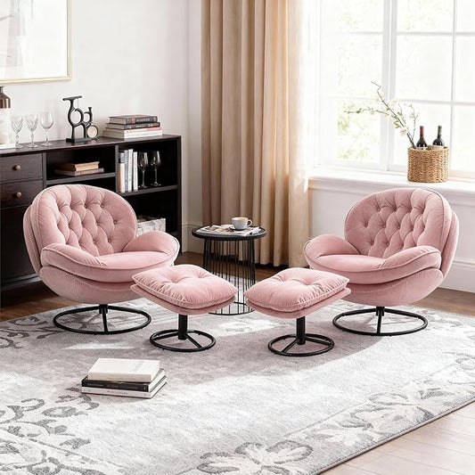 Set of 2 360° Swivel Modern Velvet Accent Chair with Ottoman | Mid-Century Button Tufted Lounge Chair for Living Room & Bedroom, Pink
