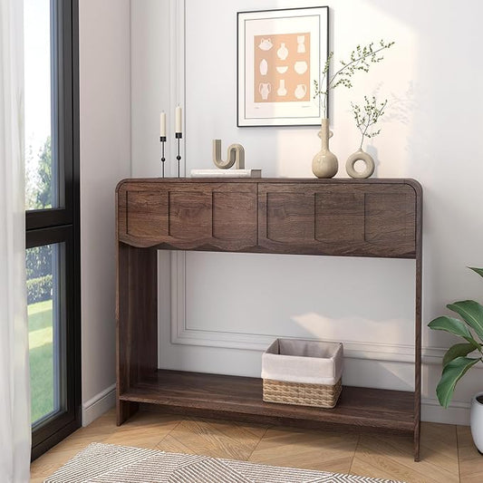 Console Table with 2 Drawers, Mid-Century Modern 42" Entryway Table with Open Storage Shelves, Sofa Table Behind Couch for Living Room, Hallway, Walnut