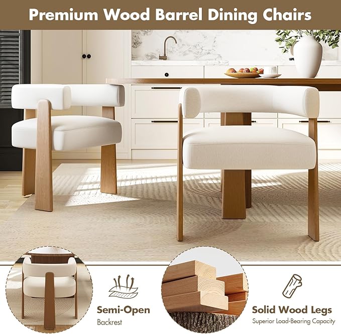 Upholstered White Velvet Dining Chairs Set of 4, Boho Modern Barrel Accent Armchairs, Thick Padded Seat & Natural Wooden Legs, Mid Century Inspired Kitchen/Dining Room Chairs, Creamy White