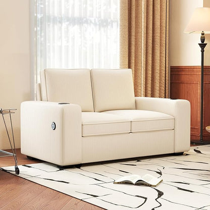 Furnimart 3-Seater Living Room Set Corduroy, 58" Wide Loveseat & Accent Chair with USB Chargers, Cup Holders & High-Density Foam, Modern Sofa & Armchair Set for Apartment, Living Room(2 Colors)