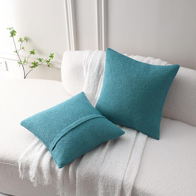 FUTEI Pack of 2 Teal Blue Decorative Throw Pillow Covers 18x18 Inch Soft Cozy Solid Boucle Textured Cushion Case,Modern Home Decor for Couch Bed Living Room