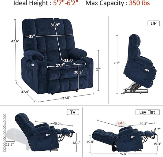 MCombo Oversized Power Lift Recliner Chair for Elderly, Dual Motor Lift Chair with Heat and Massage, Lay Flat Lift Chair for Big and Tall, Cup Holders, Fabric R7891 (Oversize, Navy Blue)