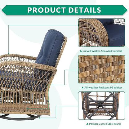 VIVIJASON 3-Piece Outdoor Conversation Bistro Set, Patio Swivel Glider Rocking Chairs Rattan Furniture Sets w/ 2 Rattan Chairs, Cushions, Glass Top Side Table for Porch Backyard, Navy Blue