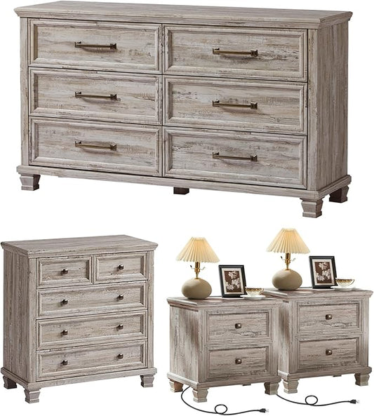 Farmhouse Bedroom Dresser and Nightstand Set of 4, 6 Drawer Low & 5 Drawers Dresser & 2 Drawer Nightstand Set, Rustic Wood Bedroom Furniture Set for Livingroom, Hallway, Grey
