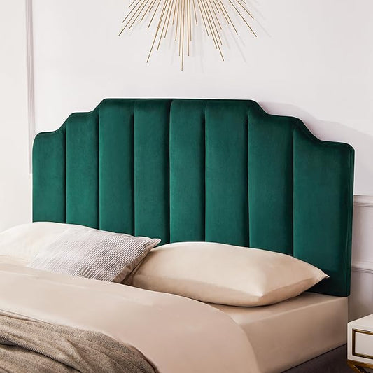 King Upholstered Headboard, Velvet Tufted Headboard only, Elegantly Curved King Size Headboards only, Modern Vertical Channel Design Bed Headboards, Dark Green