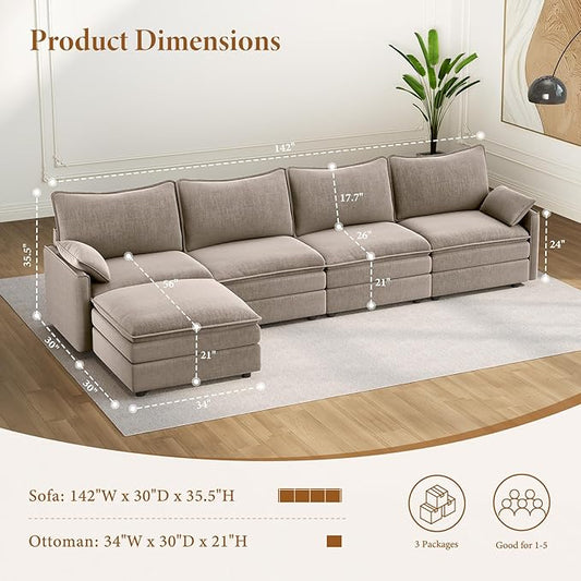Vesgantti 142" Cloud Couch Sectional Modular Sofa, Comfy Sectional Couch with Ottoman Deep Seat Chenille L Shaped Sofa, Modular Couches for Living Room, Bedroom and Apartment, Light Brown