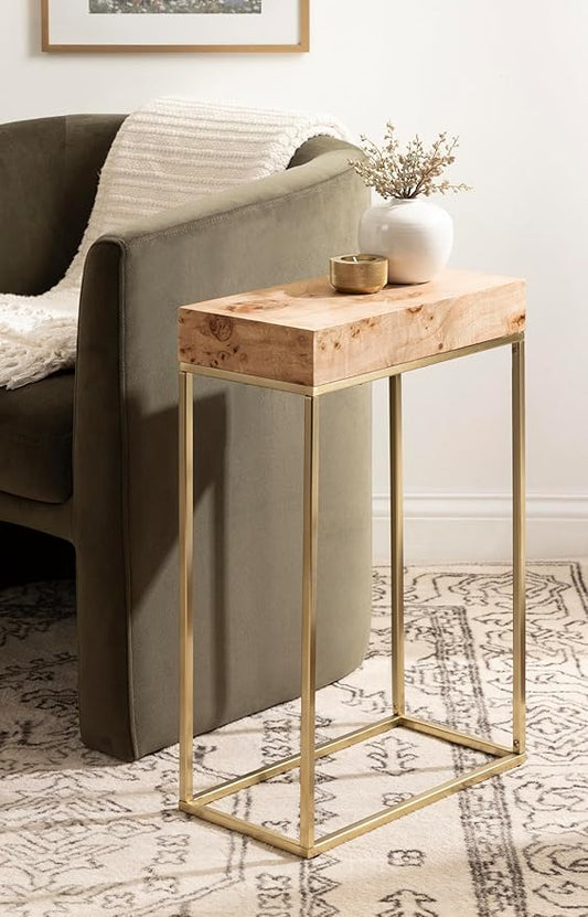 Kate and Laurel Karlsen Modern Wood and Metal Burlwood Narrow Side Table; 16 x 24 x 8; Burlwood and Gold; Slim End Table for Use as Skinny Bedroom Nightstand or Entryway Table Option