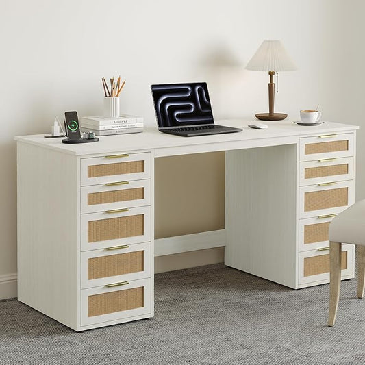 WOPITUES 60" Boho Home Office Desk with 10 Wooden Drawers, Rattan Computer Writing Desk with Power Outlets, Large Executive Desk with Storage Cabinet for Work Study Writing Craft, Wood-Grain White