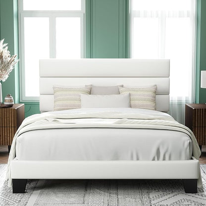 Allewie Queen Size Platform Bed Frame with Velvet Upholstered Headboard and Wooden Slats Support, Fully Mattress Foundation/No Box Spring Needed/Easy Assembly, White