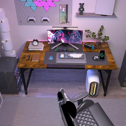 StarGraph Gaming Desk 47 Inch Modern Computer Desk Large Home Office Desks with Carbon Fiber Desktop Study Writing Work Game Desks with Sturdy Metal Frame, Rustic Brown