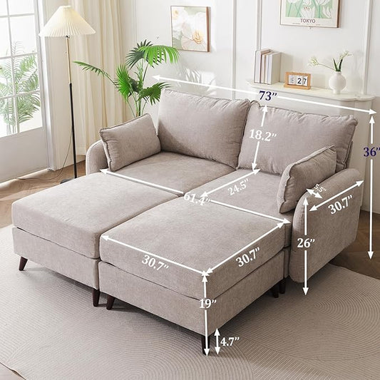 73'' Loveseat Sofa with All Seats Storage, Modular Sectional Couch with Movable Ottoman,Oversized Comfy Couch, 7.8'' Thick Cushion,24.5'' Deep Seat,for Living Room,Bedroom,Apartment,Velet,Khaki