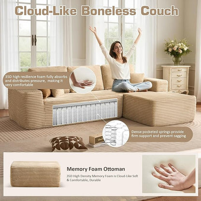 165.7'' U Shaped Sectional Couches for Living Room, Oversized Boneless Cloud Couch with Chaise, Modular Sofa Sets Deep Seat Plush Corduroy, No Assembly Required,Plush Corduroy,Beige