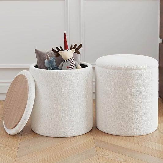 Ottoman Poufs with Storage, Set of 2 Soft Upholstered Vanity Stool,Multifunctional Ottomans Coffee Table Padded Seat Foot Rest for Living（White, Pack of 2）