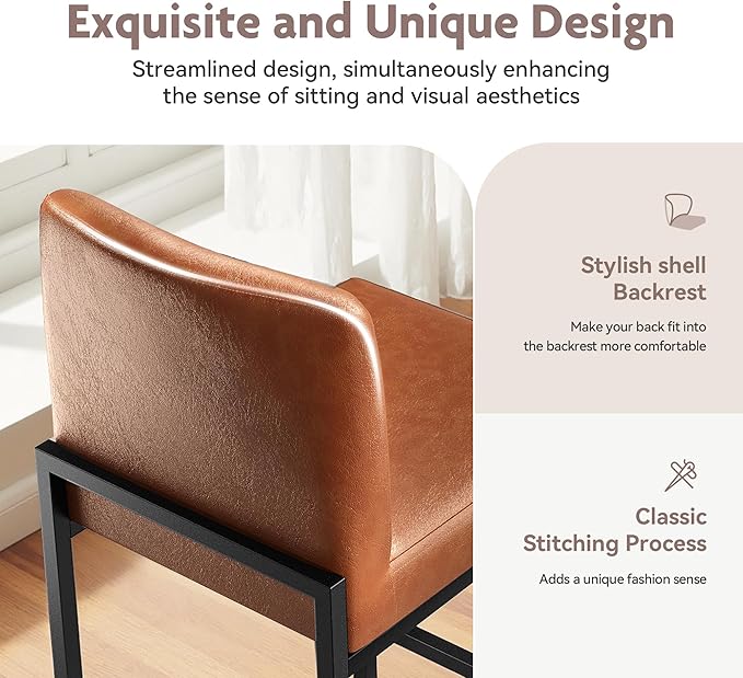 ALPHA HOME 24 Inch Bar Stools Set of 6, Kitchen Counter Stools with Backs, PU Leather Barstools, Kitchen Stools with Back&Upholstered Footrest, Sturdy Chromed Metal Steel Frame, Brown