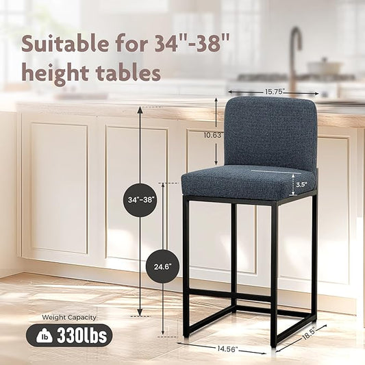 ALPHA HOME 24" Bar Stools Set of 2 Kitchen Counter Stools with Back, Counter Height Stools with Upholstered Footrest for Kitchen Island, Metal Steel Frame, Chenille, Blue