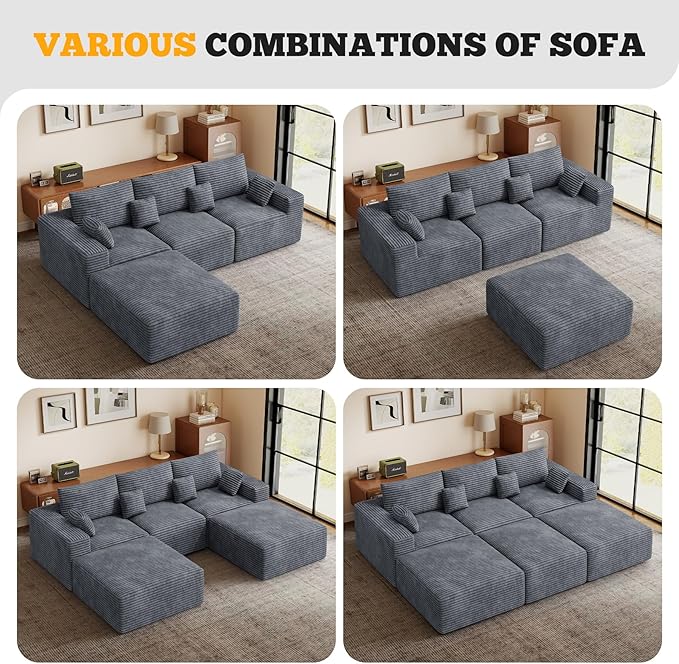 113" Modular Sectional Sofa Bed, Convertible Cloud Couches for Living Room with Ottoman, 6 Seater Corduroy Boneless Couch Sleeper Sofa Set, No Assembly Required, Grey 1 PCS