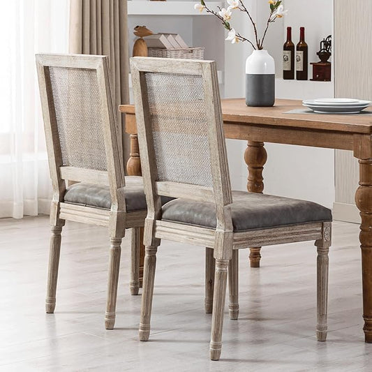 PU Leather Dining Chairs Mid Century Kitchen Chairs Set of 2 Upholstered Parsons Chairs Accent Side Chair with Rattan Back for Living Room Dining Room Bedroom, Grey