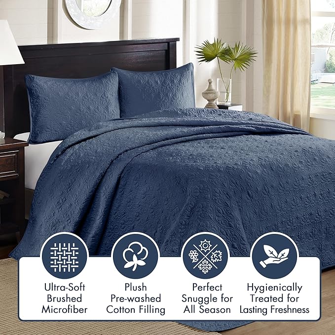 Madison Park Quebec Queen Size Quilt Bedding Set - Navy , Damask – 3 Piece Bedding Quilt Coverlets – Ultra Soft Microfiber Bed Quilts Quilted Coverlet