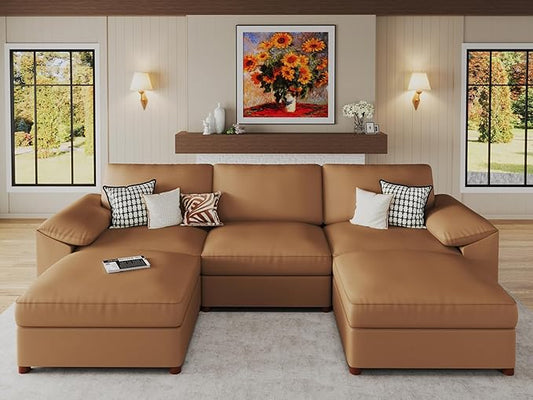 EASE MOOSE Oversized Modular Sectional Sofa,Leather Sectional Couch with Deep Seat,Extra Large U Shaped Couch,Modern Comfy Scratch Resistant Faux Leather Material Sofa,Brown