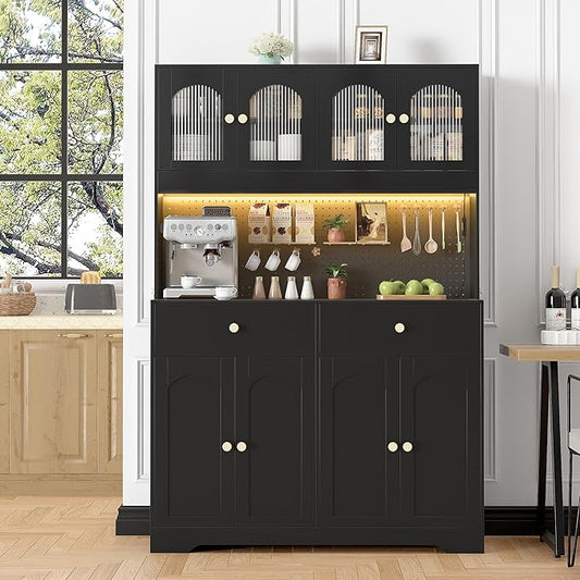 70" Pantry Cabinet with Pegboard, Kitchen Pantry Storage Cabinet with Shelves & Drawer, Adjustable Shelves, LED Light & Power Outlets for Dining Room (Black)