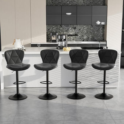 Bar Stools Set of 4,Adjustable Swivel Barstools, Faux Leather Bar Chairs,Upholstered Counter Height with High Backrest for Kitchen Island, Black