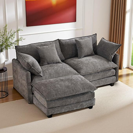 77" Cloud Chenille L-Shaped Sofa with Ottoman | Space-Saving Apartment Couch with 29.1" Deep Seat & Footrest | FSC Certified Solid Wood & Metal Frame | Easy Assembly & 1YR Guarantee
