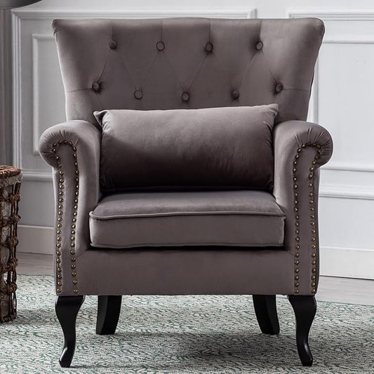 Mid Century Modern Accent Chair Upholstered Armchair Comfy Velvet Fabric Single Sofa with Tufted Wingback for Small Spaces Bedroom Living Room, Grey