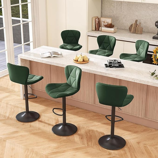 Bar Stools Set of 6,Adjustable Swivel Barstools, Faux Leather Bar Chairs,Upholstered Counter Height with High Backrest for Kitchen Island, Green