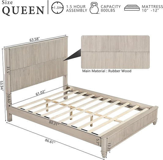 Queen Size Solid Wood Platform Bed Frame, Solid Wood Bed with 63.58" Headboard, Solid Wood Leg/No Box Spring Needed/Noise Free/Beige