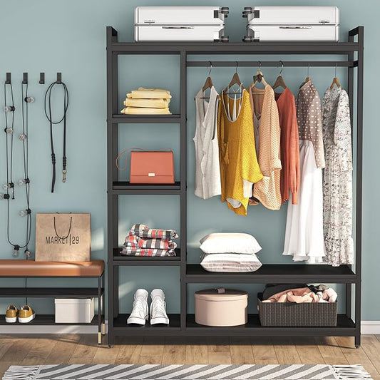 LITTLE TREE Free Standing Wood Closet Clothes Rack,Heavy Duty Grament Rack with Shelves,Hanging Racks for Clothes Clothing Rack for Bedrom,Wardrobe Closet Organizer,350 lb Capacity,Black