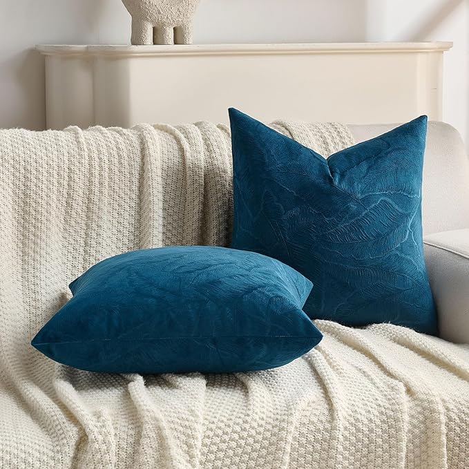 FUTEI Navy Blue Velvet Throw Pillow Covers 12x20 Inch Set of 2,Soft Embossed Leaf-Relief Textured Lumbar Pillow Cases,Natural Home Decor for Couch Living Room