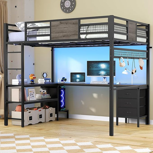ADORNEVE Loft Bed Full Size with L-Shaped Desk, 3 Storage Drawers, Power Outlet, 3 Storage Shelves, Metal Loft Bed Frame with RGB Lights, Bed with Safety Guardrail & Ladders,Space-Saving, Grey