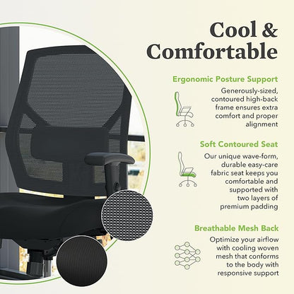 HON Crio High Back Office Chair, Ergonomic Office Chair with Adjustable Arms and Back Support, 360° Swivel, Asynchro-Tilt Recline, Black