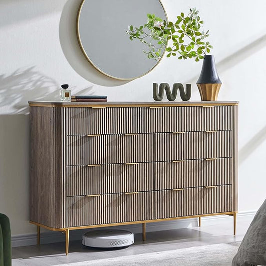 T4TREAM Fluted 9 Drawers Dresser for Bedroom, 54" Wide Modern Dresser TV Stand, Gold Accents, Curved Profile, Wood Storage Dressers Organizer for Bedroom, Living Room, Alder Grey