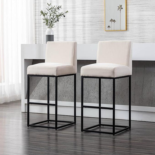 31" Height Cream Fabric Bar Stool, Counter Height Stool with Back and Footrest for Kitchen Modern Metal Barstool, Linen Upholstered Farmhouse Bar Chair Island Stool