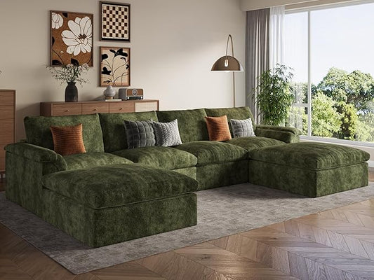 EASE MOOSE Boneless Modular Cloud Couch, U-Shaped Oversized Sectional Sofa for Living Room with Ottoman, Extra Large Movable Couches, 6-Deep-Seat Sofas for Bedroom, Apartment, Chenille (Green)