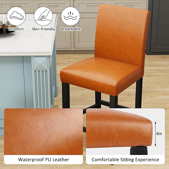 LSSPAID Counter Height Bar Stools Set of 2, 24.8 Inch Upholstered PU Leather Barstools, Modern Kitchen Island Chairs with Backrest and Solid Wood Legs, Light Brown