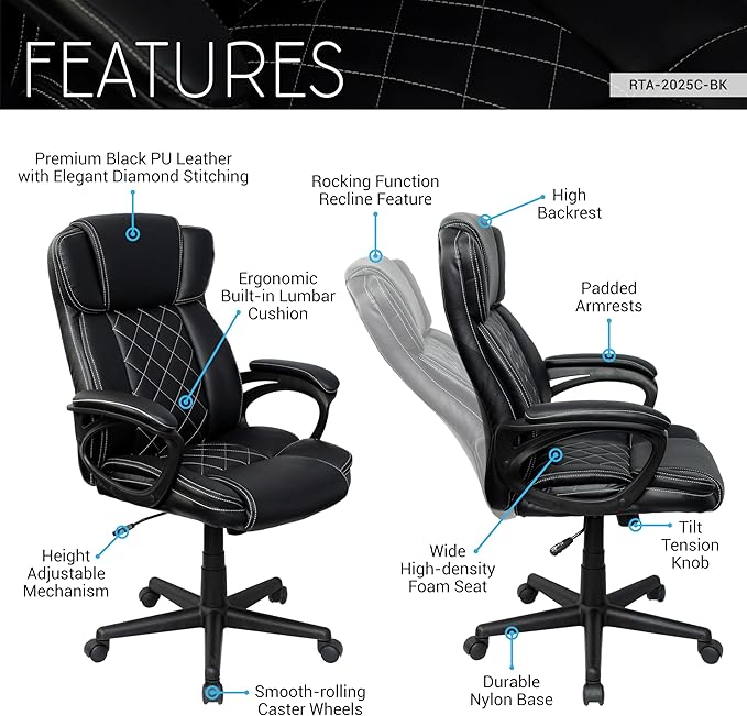 Techni Mobili Ergonomic Executive Office Chair, High Back, Adjustable Height, Lumbar Support, Diamond-Stitched Padding, Swivel Desk Chair with Armrests & Tilt Recline for Home Office or Work (Black)