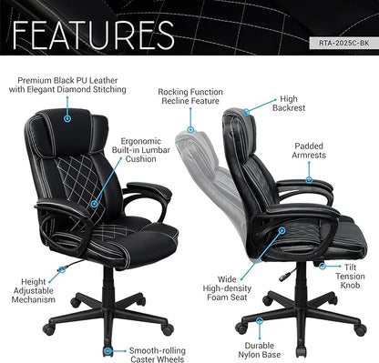 Techni Mobili Ergonomic Executive Office Chair, High Back, Adjustable Height, Lumbar Support, Diamond-Stitched Padding, Swivel Desk Chair with Armrests & Tilt Recline for Home Office or Work (Black)