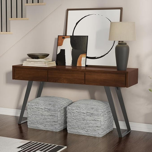 SIMPLIHOME Lowry Console Table - 60 Inch Wide Solid Walnut Veneer and Metal Sofa Table, Modern Industrial Storage Table for Entryway or Living Room with 3 Drawers and Angled Metal Legs