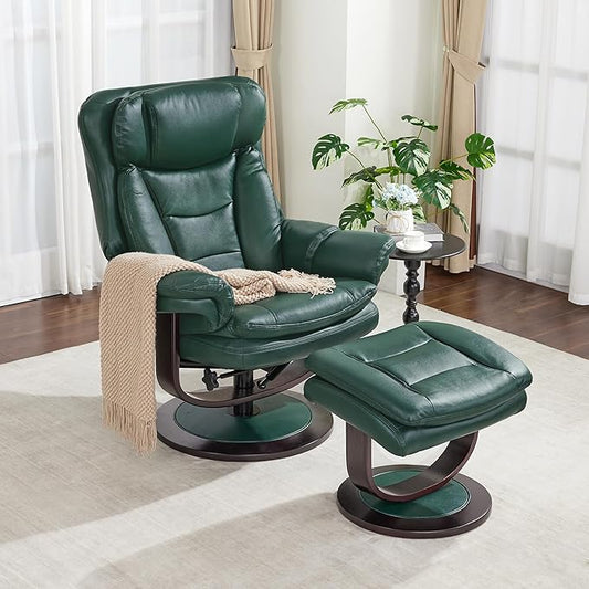 MCombo Oversized Swivel Recliner Chair with Ottoman, Adjustable Backrest, 360° Wood Base, High Seat, Faux Leather Lounge Chair for Tall Users in Living Room, Bedroom, or Office 4651 (Green)