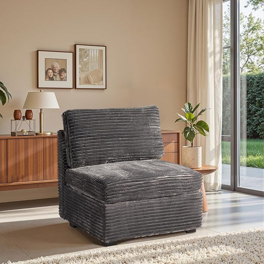 32.7'' Middle Seat for Modular Sectional Sofa, Deep Seat Upholstered Armless Chair Sleeper Sofas, L/U/V Shaped Plush Corduroy Cloud Couch for Living Room Apartment, Grey