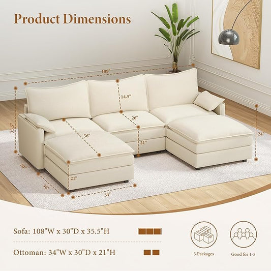 Vesgantti 108" U Shaped Sectional Couch, Comfy Cloud Modular Sectional Sofa with 2 Ottoman Deep Seat Chenille Modern Cloud Sofa, Modular Sofas for Living Room, Bedroom and Apartment, Creamy Beige