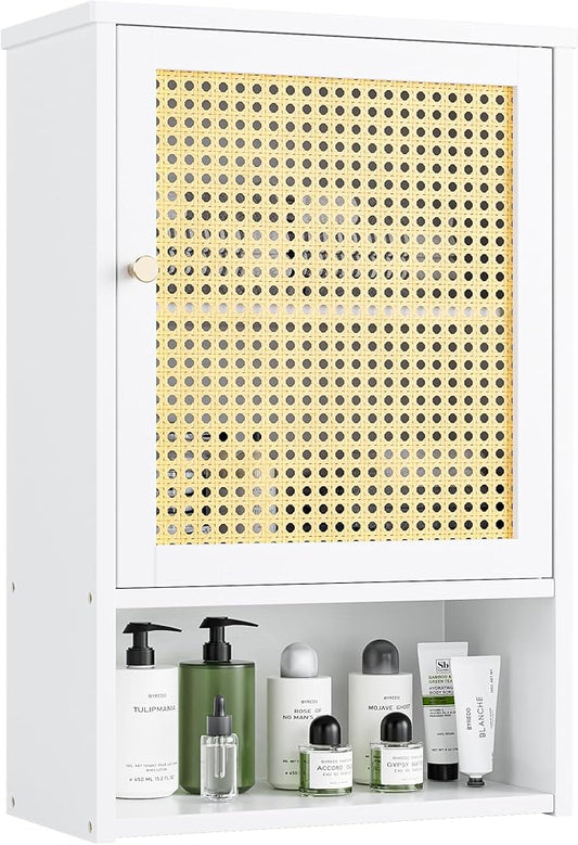 Bathroom Wall Cabinet, Bamboo Over-The-Toilet Storage Organizer with Rattan Doors and Adjustable Shelf, Space Saver Medicine Cabinet for Laundry, Kitchen, Living Room (White)